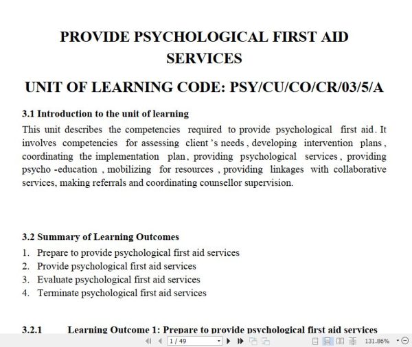 Provision of Psychological First Aid Services Learning Guide notes