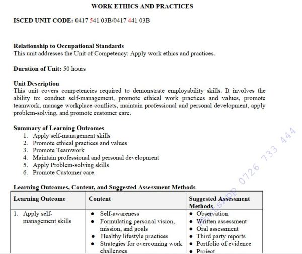 Work Ethics and Practices Pdf Lecture notes TVET CDACC Level 6 CBET