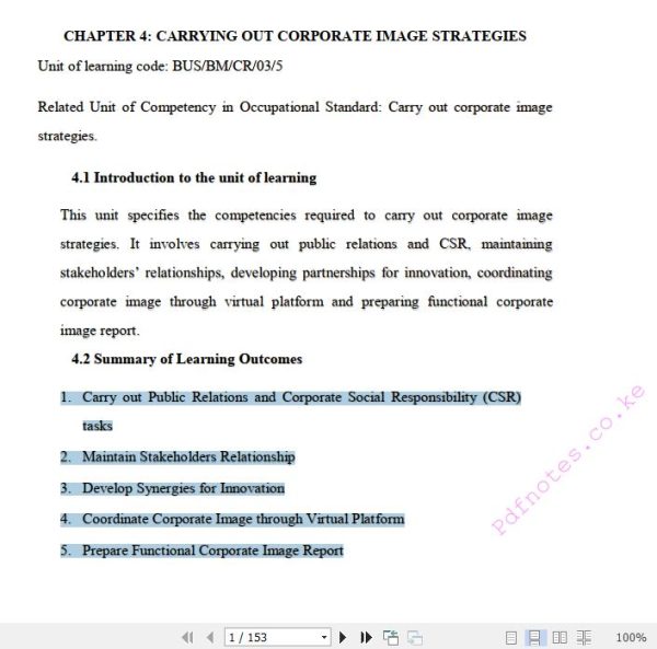 Carrying Out Corporate Image Strategies Pdf notes  TVET CDACC Level 5 CBET