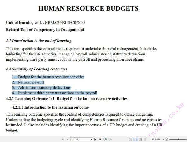 Prepare Human Resource Budgets Pdf notes TVET CDACC Level 5 CBET