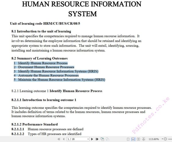 Human Resource Information Systems (HRIS) Pdf notes TVET CDACC Level 5 CBET