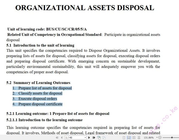 Organizational Assets Disposal Pdf notes TVET CDACC Level 5 CBET