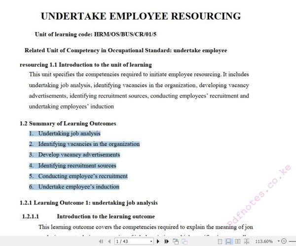 Undertake Employee Resourcing Pdf notes TVET CDACC Level 5 CBET