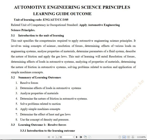 Apply Automotive Engineering Science Principles Learning guide notes TVET CDACC Level 5