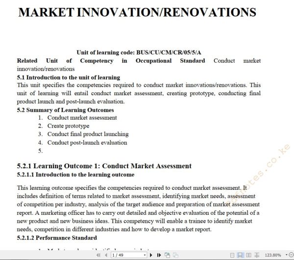 Market innovation renovations Learning Guide Pdf notes