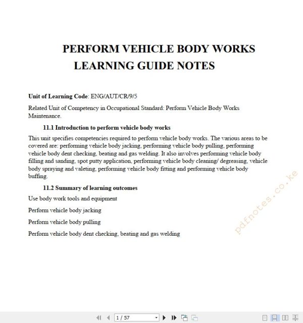 Perform Vehicle Body Works Learning guide notes