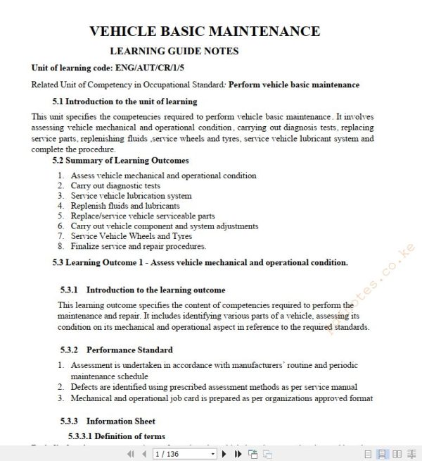 Perform Vehicle Basic Maintenance Learning guide notes TVET CDACC Level 5