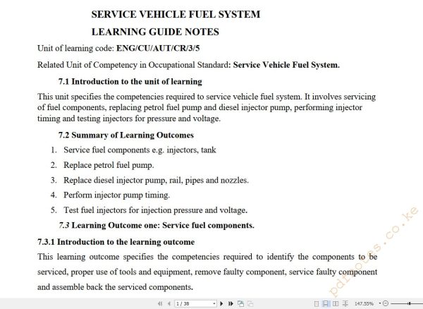 Service Vehicle Fuel System Learning guide notes