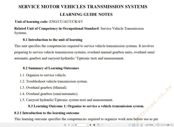 Service Vehicle Transmission Systems Learning guide notes TVET CDACC Level 5