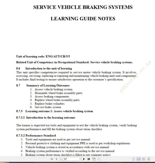 Service Vehicle Braking Systems Learning guide notes