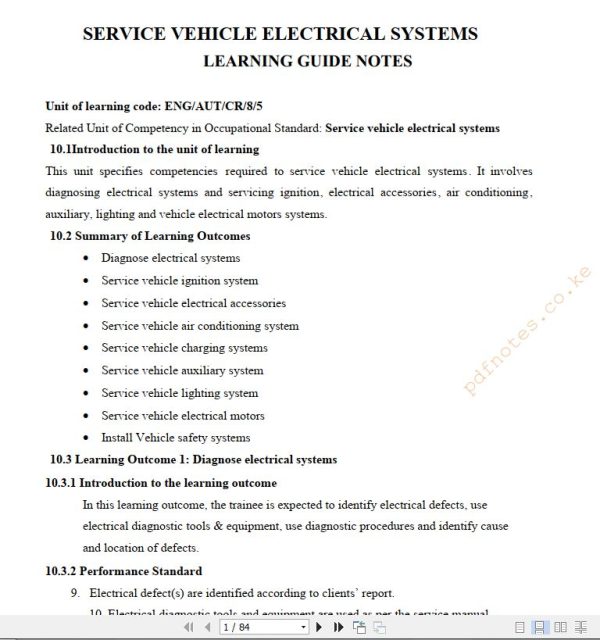 Service Vehicle Electrical Systems Learning guide notes TVET CDACC Level 5