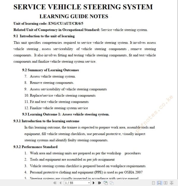 Service Vehicle Steering System Learning guide notes